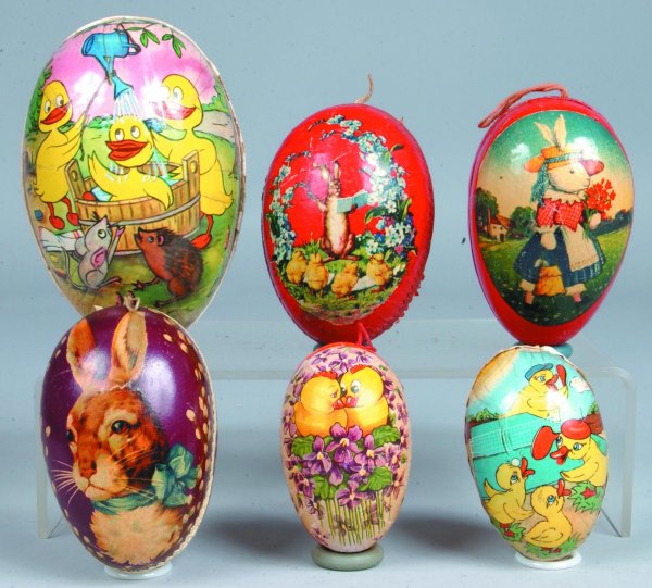 Six German Cardboard Easter Eggs with paper lithog