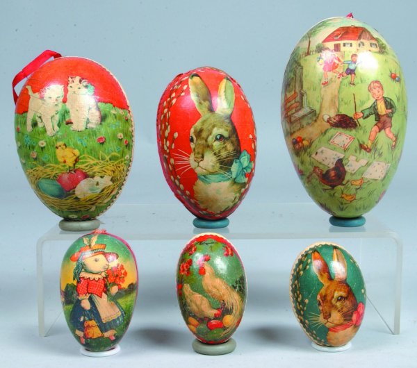 Six German Cardboard Easter Eggs with paper lithog