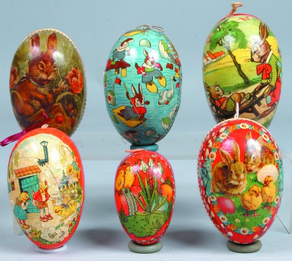 Six German Cardboard Easter Eggs with paper lithog