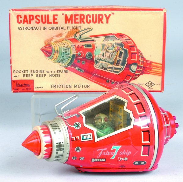 Japanese "Mercury" Space Capsule Tin Lithograph Fr: Japanese "Mercury" Space Capsule Tin Lithograph Friction Toy with original box, Astronaut rotates in cockpit, by S.H. Japan, 4-3/4"h. x 9"l., (overall good condition with fading on one side, box shows