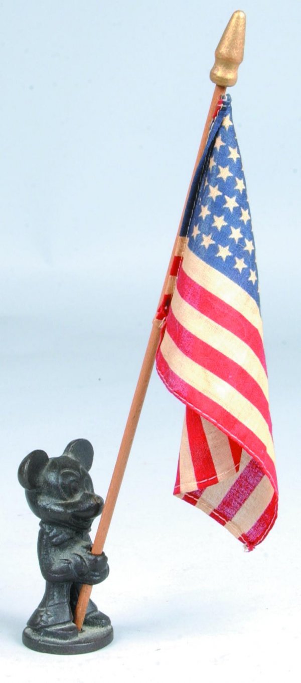 Cast Iron Mickey Mouse holding 48 Star American Fl