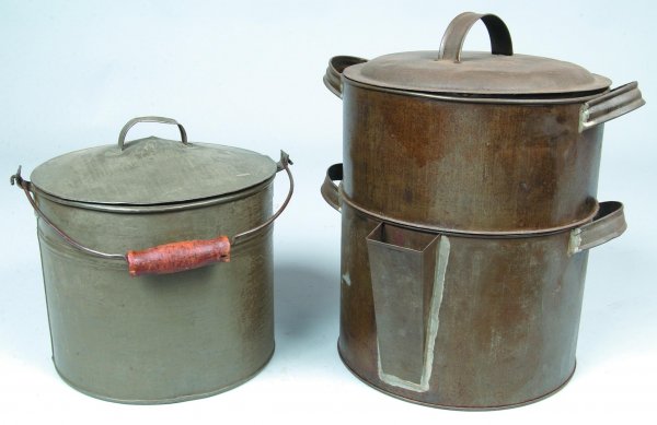 Two 19th Century Tin Cooking Pots: first is covere: Two 19th Century Tin Cooking Pots: first is covered pot with wire bail handle with wooden hand grip, lapped and soldered joints, and 8-1/2"h., second is double boiler with applied handles, lapped and 