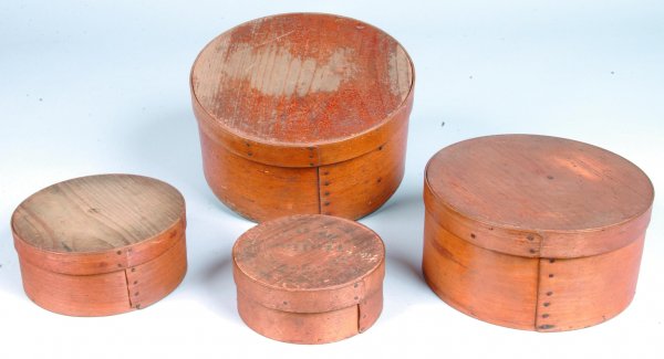 Assembled Set of Four Graduated Pantry Boxes with : Assembled Set of Four Graduated Pantry Boxes with tacked straight seam lap joints. Smallest box stenciled "PRUNELLOS Italian Fruit". Condition: Minor wear and losses. Largest box 5"h x 10"diam.