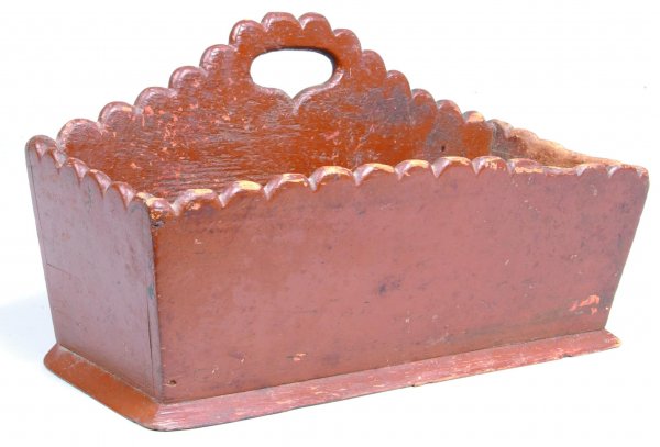 Pennsylvania 19th Century Softwood Hanging Wall Bo: Pennsylvania 19th Century Softwood Hanging Wall Box with old brown paint, scalloped edges, canted front and molded base. Condition: Losses and cracks. 7 ½"h x 12 ¾"w x 5 ½"d.