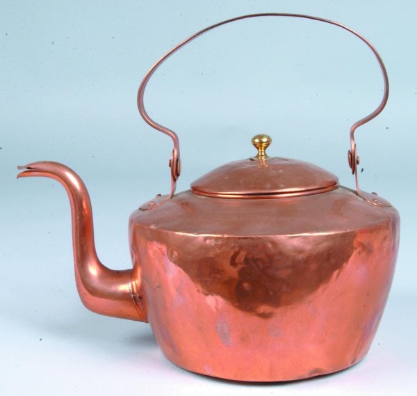 19th Century American Copper Tea Kettle with goose: 19th Century American Copper Tea Kettle with goose neck spout, shaped handle tabs with rivets, shaped swing handle with five punched dots, dovetailed construction, lid with replaced brass finial, 11"h