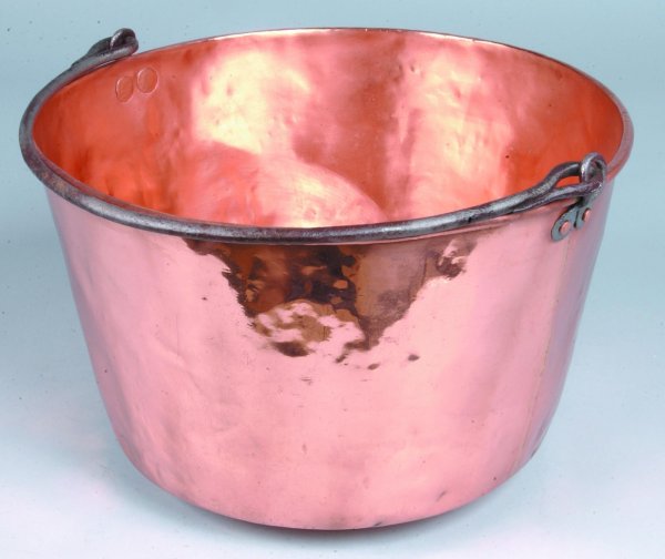 19th Century Copper Bucket with wrought iron bail : 19th Century Copper Bucket with wrought iron bail handle, dovetailed construction, 9-1/2"h. x 14"dia., (overall good condition with minor denting).