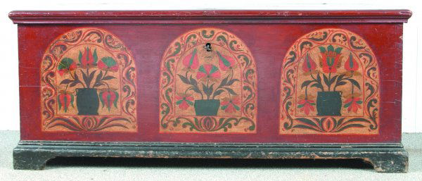Pennsylvania Late 18th Century Dower Chest with la: Pennsylvania Late 18th Century Dower Chest with later painted decoration in the style of Christian Selzer. (See plate 210, page 192 of "The Pennsylvania-German Decorated Chest" by Monroe H. Fabian for