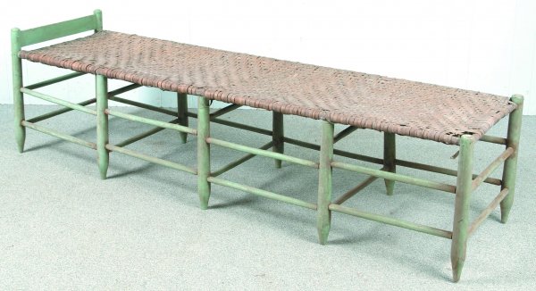 Pennsylvania Country Sheraton Day Bed with woven o: Pennsylvania Country Sheraton Day Bed with woven oak splint top, old blue/gray paint and turned legs and stretchers. 21 ½"h x 75"l x 20"w. Condition: Minor breaks and losses.