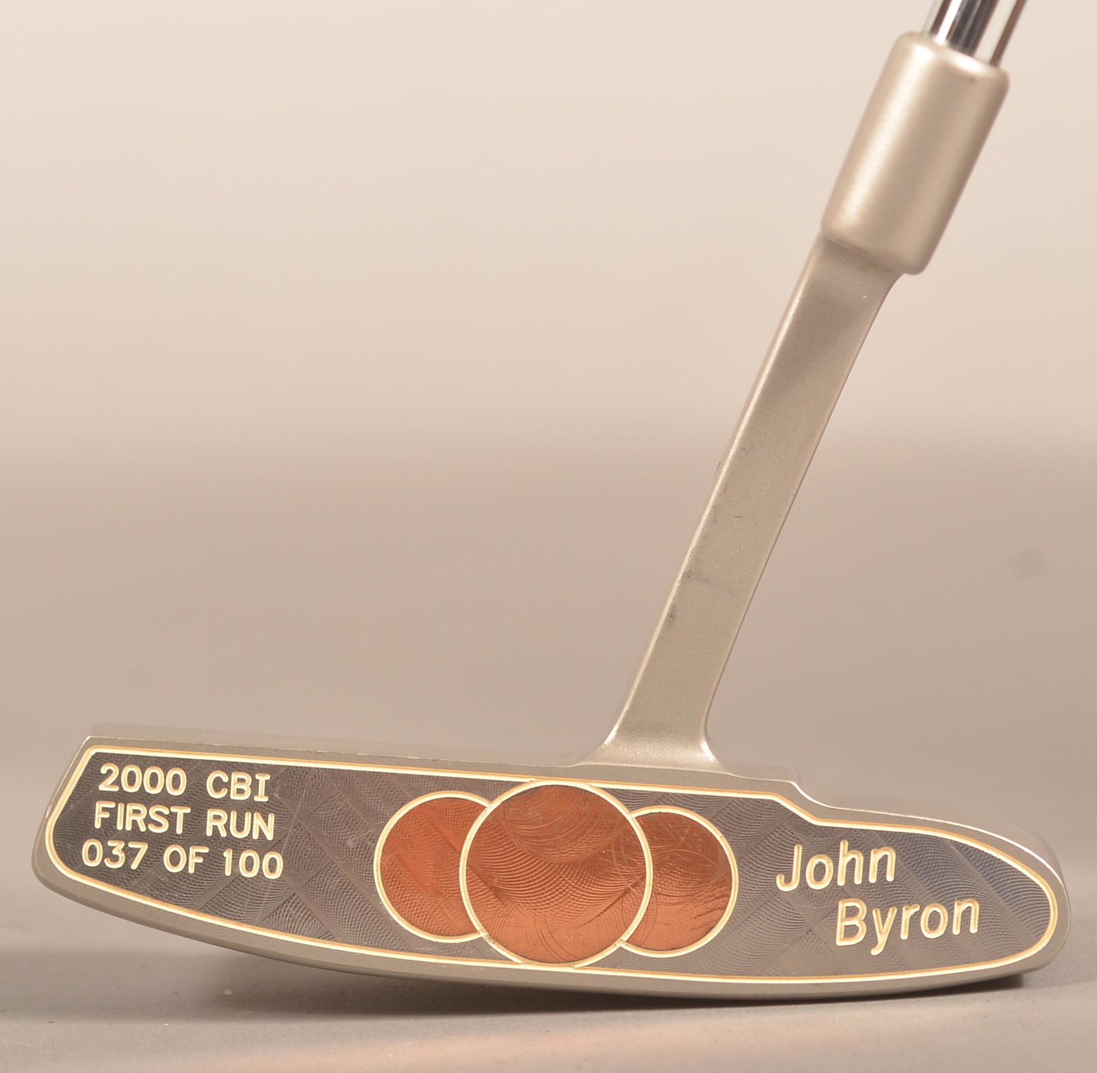 John Byron 1st Run 37/100 Copper Insert 2000 Putter: John Byron 1st Run 37/100 Copper Insert 2000 Putter. 35.5"l. Very good.