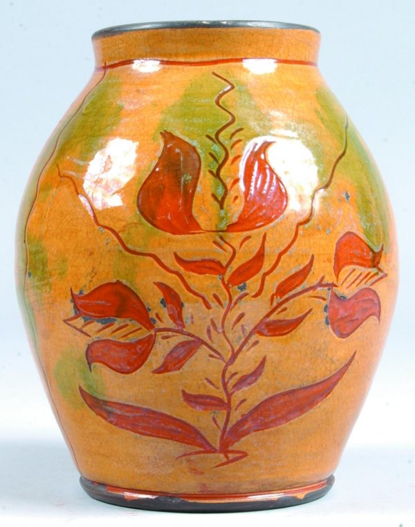 Greg Shooner 2001 Redware Sgraffitto Decorated Jar,: Greg Shooner 2001 Redware Sgraffitto Decorated Jar, bulbous form with tulip decorated 8 ½" h. (good condition).