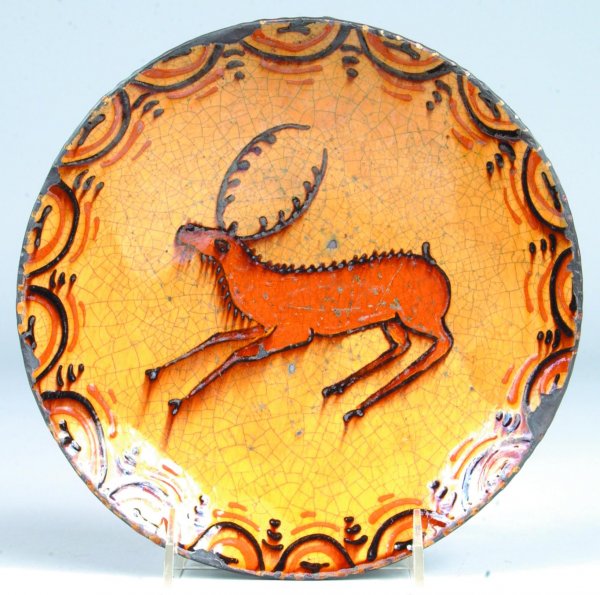 Greg Shooner 2003 Redware Sgraffito and Slip Decora: Greg Shooner 2003 Redware Sgraffito and Slip Decorated Plate with central stag decoration with swag border, 8 ½"dia. (good condition).