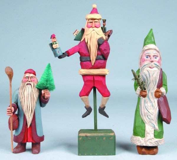Three Father Christmas Carvings, carved and polychr: Three Father Christmas Carvings, carved and polychrome painted; one signed J. Bastian 1990, one signed V. & S. Rawson 1992 and one unmarked, 7 ½"h.-12 ½"h. (very good condition).