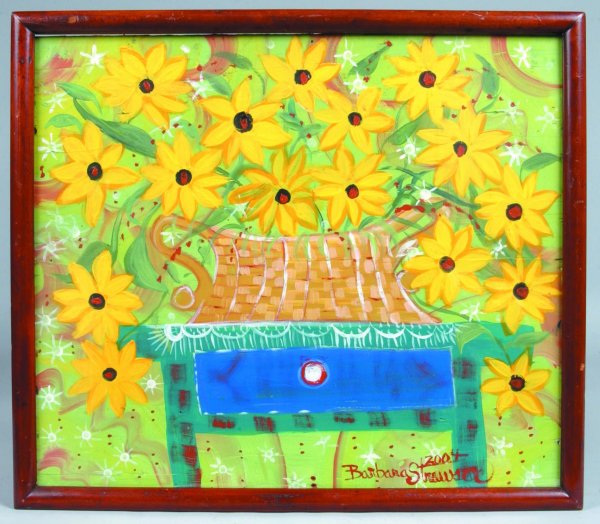 Barbara Strawser 2004 Still Life Painting on Board : Barbara Strawser 2004 Still Life Painting on Board depicting basket full of yellow flowers on a one drawer stand, 17"h.x19 ½"w. (good condition).