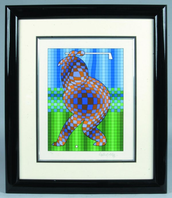 Victor Vasarely "The Golfer" Serigraph, Limited Ed: Victor Vasarely "The Golfer" Serigraph, Limited Edition 177/300, circa 1977, framed and matted, certificate of authenticity,25"h.x21 ¼"w. (very good condition).