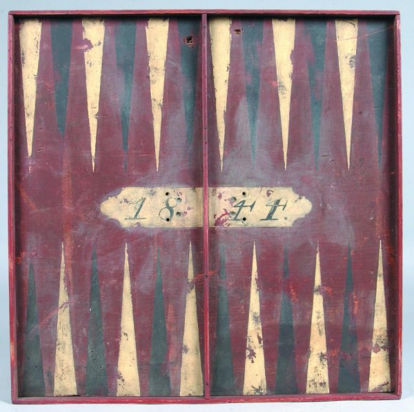 2007 Painted Primitive Styled Backgammon Wooden Ga: 2007 Painted Primitive Styled Backgammon Wooden Game Board, illegible signature on back, 19 ½"h.x19 ½"w. (good condition).