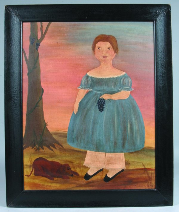 Annie B. Giblin 2008 Portrait of Young Girl in Blu: Annie B. Giblin 2008 Portrait of Young Girl in Blue Dress holding Grapes on artist board, 33 ½"h.x27 ½"w. (good condition).