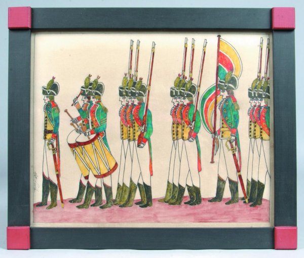 G. B. French Hessian Soldiers Watercolor Drawing i: G. B. French Hessian Soldiers Watercolor Drawing in painted frame with corner blocks, 14 ¼"h. x17"w. (very good condition).