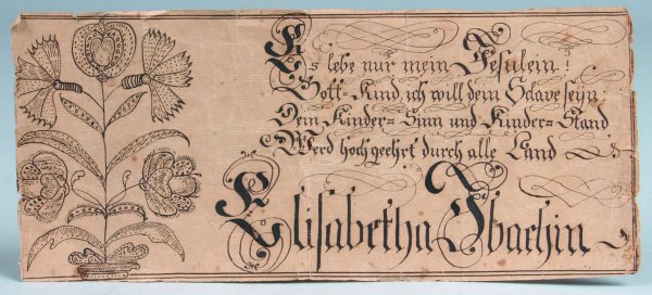 Southeastern Pennsylvania Late 18th/Early 19th Cen: Southeastern Pennsylvania Late 18th/Early 19th Century Fraktur Pen-work Religious Text, hand-drawn and lettered on wove paper with potted flowers and verse above name "Elizabetha Tharhin, 4"h. x 8 ¾"