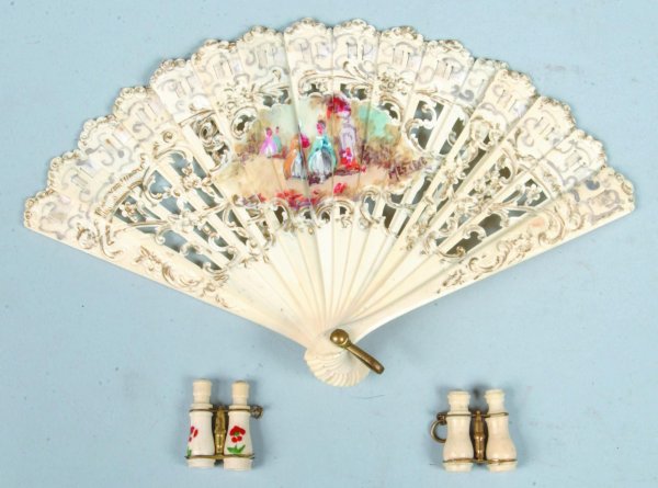 Hand Painted Miniature Hand Fan and Two Miniature: Hand Painted Miniature Hand Fan and Two Miniature Stanhopes in binocular, fan decorated with lady garden scene and artist signed, Stanhopes with pictures of The Catskill Mountain House and St. Anne.,
