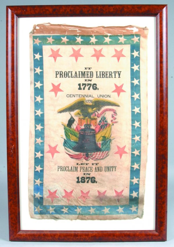 Proclaimed Liberty" Canvas Banner having American : Proclaimed Liberty" Canvas Banner having American Spread Wing Eagle Liberty Bell and Flags, tilted "Its Proclaimed Liberty in 1776. Let it Proclaim Peace and Unity 1876, polychrome printed, star borde