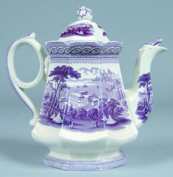 Purple Transfer Ironstone Byzantum Patten Paneled : Purple Transfer Ironstone Byzantum Patten Paneled Tea Pot attributed to John Ridgway & Co., 8 ¾"h. (very good condition).