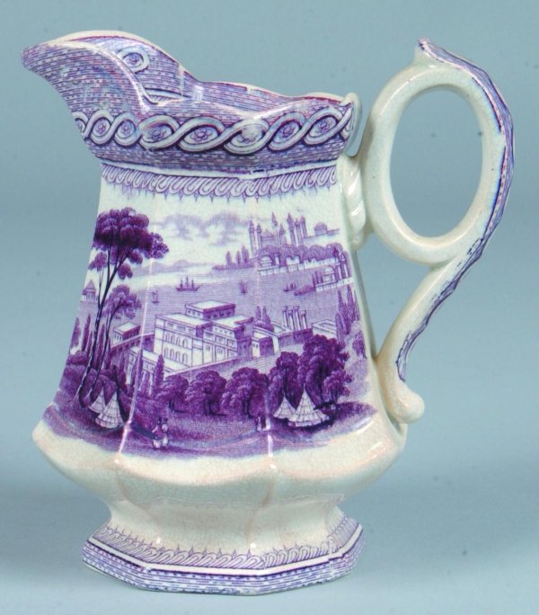 Purple Transfer Ironstone Byzantum Pattern Paneled: Purple Transfer Ironstone Byzantum Pattern Paneled Cream Pitcher attributed to John Ridgway & Co., 5 ½"h. (good condition).