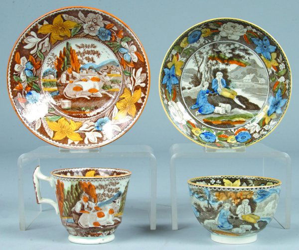 Two Salopian China Pieces, Tea Cup and Saucer in M: Two Salopian China Pieces, Tea Cup and Saucer in Milk Maiden pattern, (good condition), handleless Cup and Saucer with boy and girl sitting on hill with pet lamps, (repair edge).