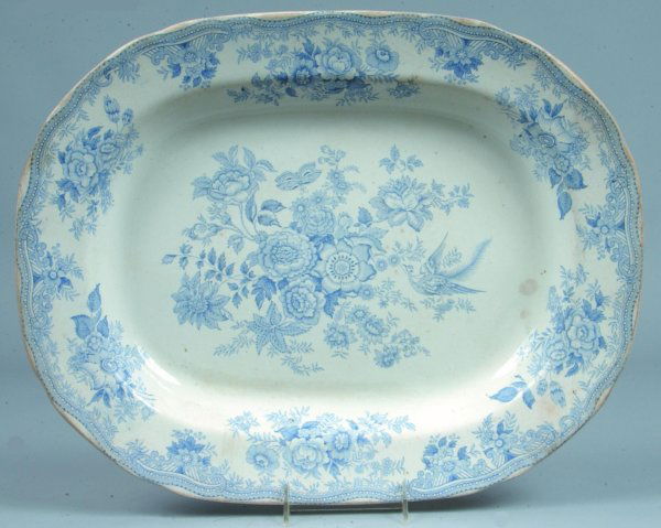 Staffordshire China Blue Transfer "Asiatic Pheasan: Staffordshire China Blue Transfer "Asiatic Pheasants" Deep Platter, unmarked, 15 ¼"x19 ¼"dia., (very good with some discoloration).