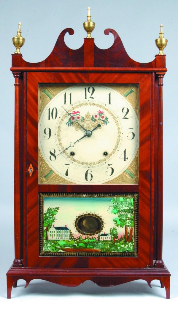 Eli & Samuel Terry Pillar and Scroll Clock with Ma: Eli & Samuel Terry Pillar and Scroll Clock with Mahogany Veneer Case, wooden works 30 hour movement, painted wood dial, reverse painted on lower door with building and landscape, brass finials, key an