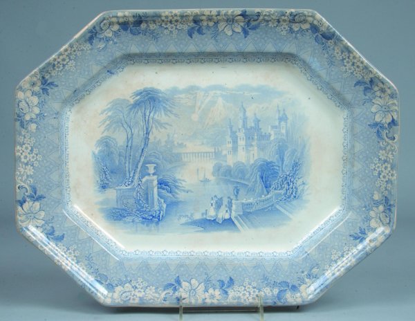 Blue Transfer Ironstone China "Delaware" 17 ¾" Pla: Blue Transfer Ironstone China "Delaware" 17 ¾" Platter marked Harvey. Condition: Good with minor glaze pop.