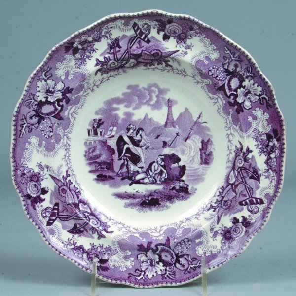 Staffordshire Purple Transfer China "The Sea: Ship: Staffordshire Purple Transfer China "The Sea: Shipwreck Scene" 9 ¼" Scalloped Edge Plate marked Adams. Condition: Good.