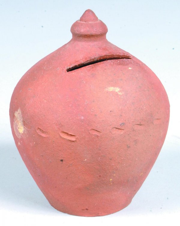 Redware Bulbous form Still Bank with Finial, ungla: Redware Bulbous form Still Bank with Finial, unglazed, coin slot on top half of body, impressed dash decorated around body, 5 ¼"h. (good condition).