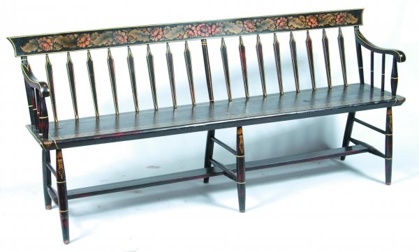 Arrow-back Plank Seat Settee with later floral and: Arrow-back Plank Seat Settee with later floral and foliate stencil decoration on black ground. Seat height 18", 33 ½" high overall, 72" long. Condition: Good.