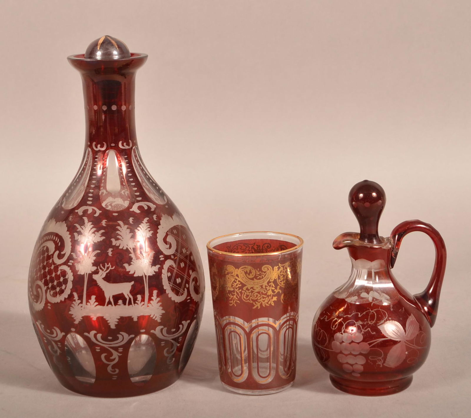 3 Bohemian Glass Ruby Overlay Vessels (1 of 3)