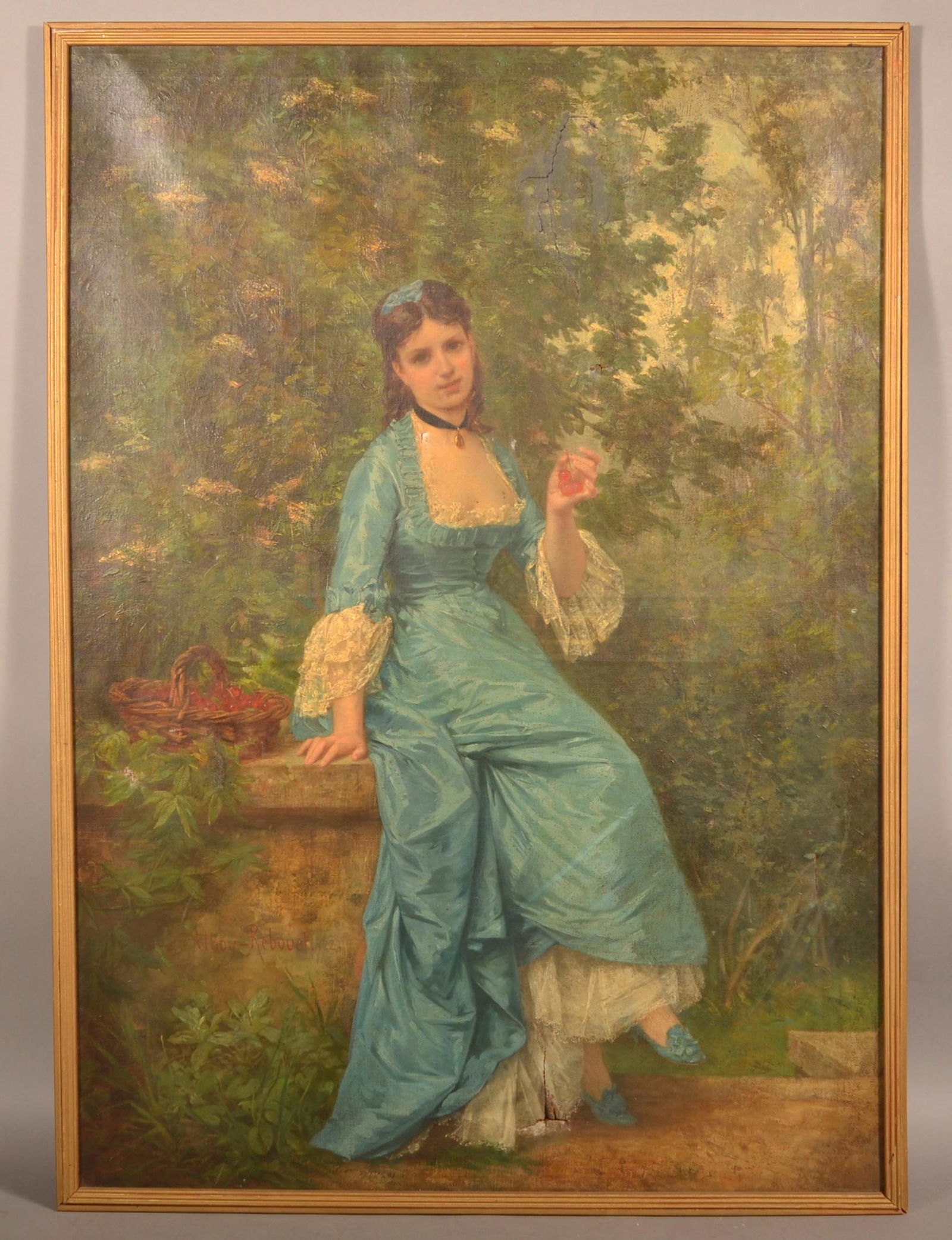 19th Century Oil on Canvas Portrait of Young Lady: 19th Century Oil on Canvas Portrait of Young Lady. (Alfred) Signed lower left Abloy-Rebouet 1872. Portrait depicts young lady wearing blue and lace dress seated on stone wall seated next to basket of