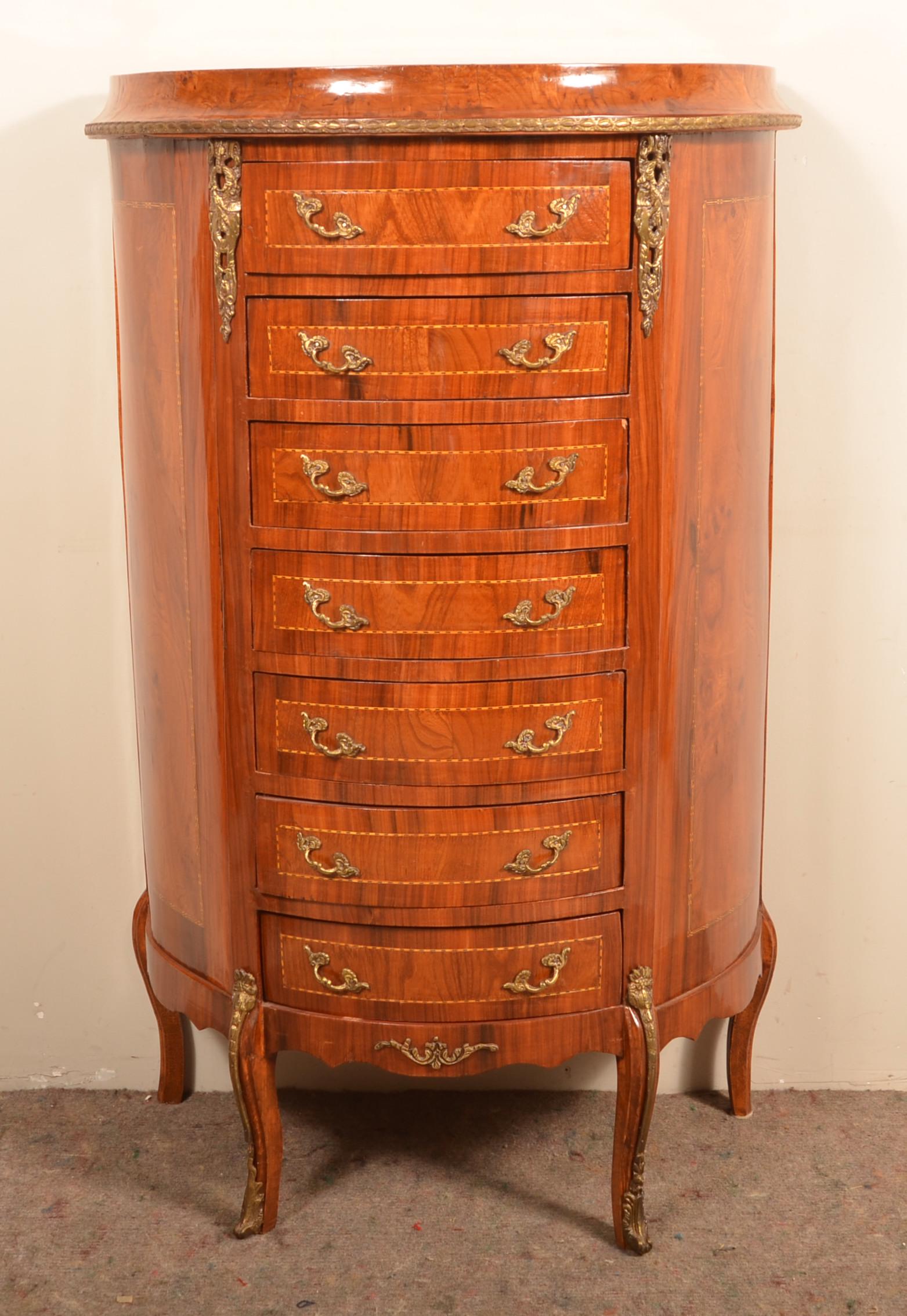 Vintage Ormolu Mounted Demilune Lingerie Cabinet: Vintage Ormolu Mounted Demilune Lingerie Cabinet. Checkered line inlaid drawers with cabriole legs. Fruit wood. 47-1/2"Hx30"Wx17"D.