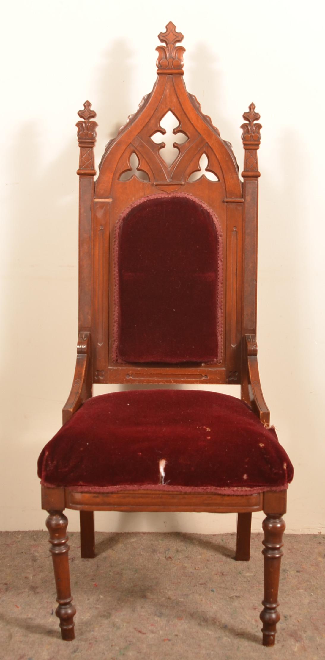 Gothic Victorian Walnut Carved and Molded Chair: Gothic Victorian Walnut Carved and Molded Chair. 52"H overall. Condition: Very good with some wear and tear to seat.