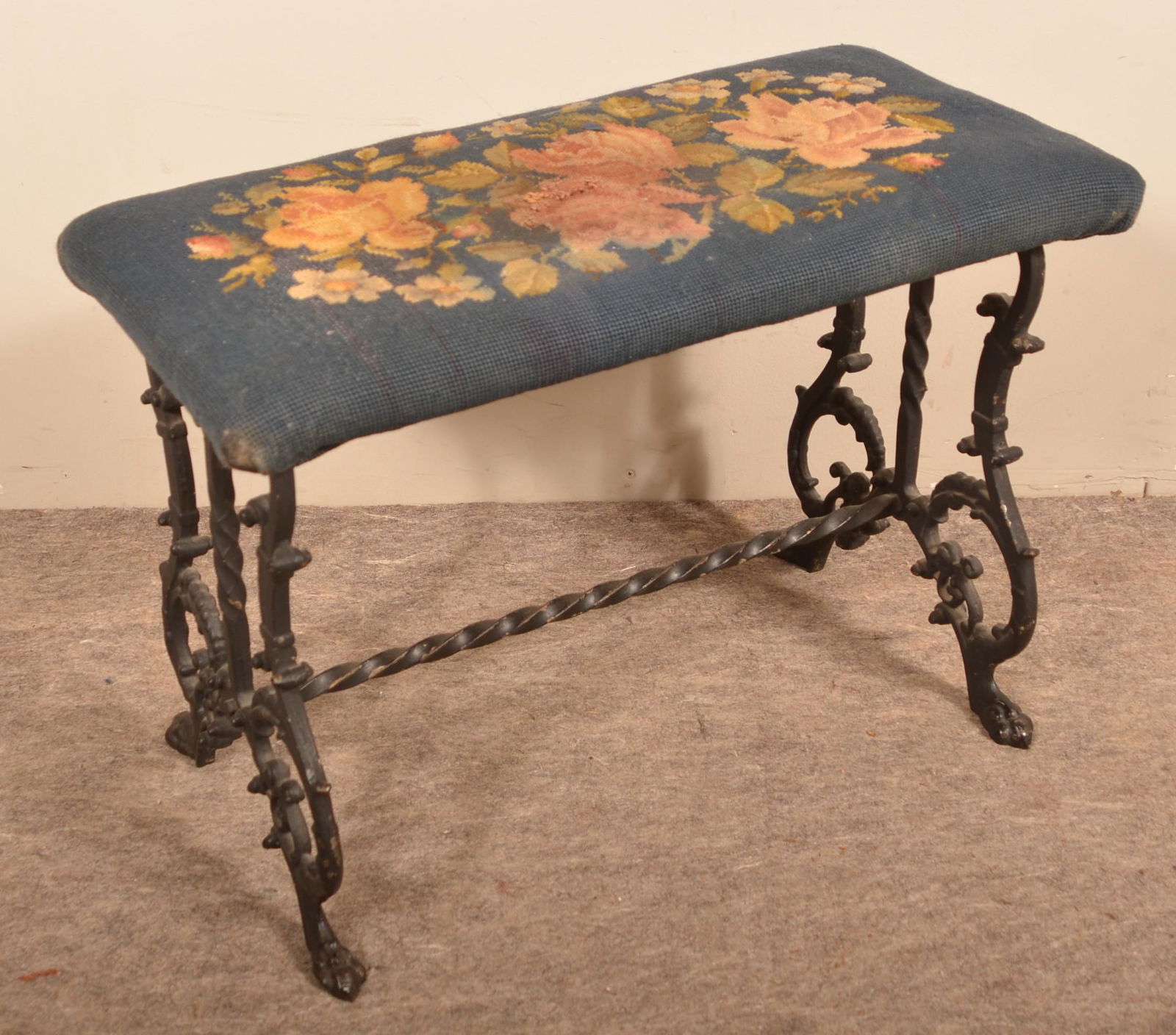 Ornate Iron Base Stool with Needlepoint Seat (1 of 3)