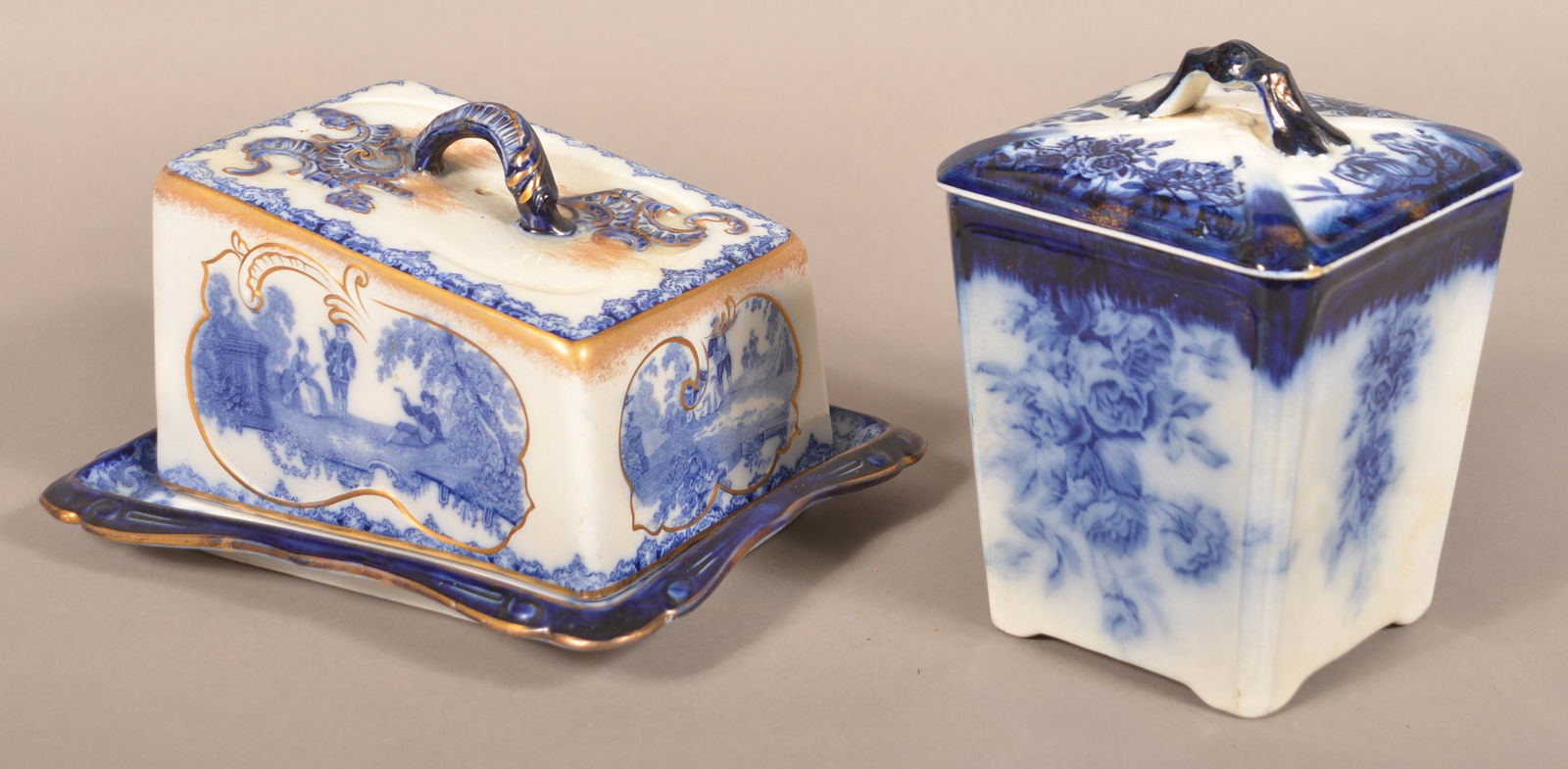 Flow Blue China Cheese Dish and Biscuit Jar. (1 of 6)