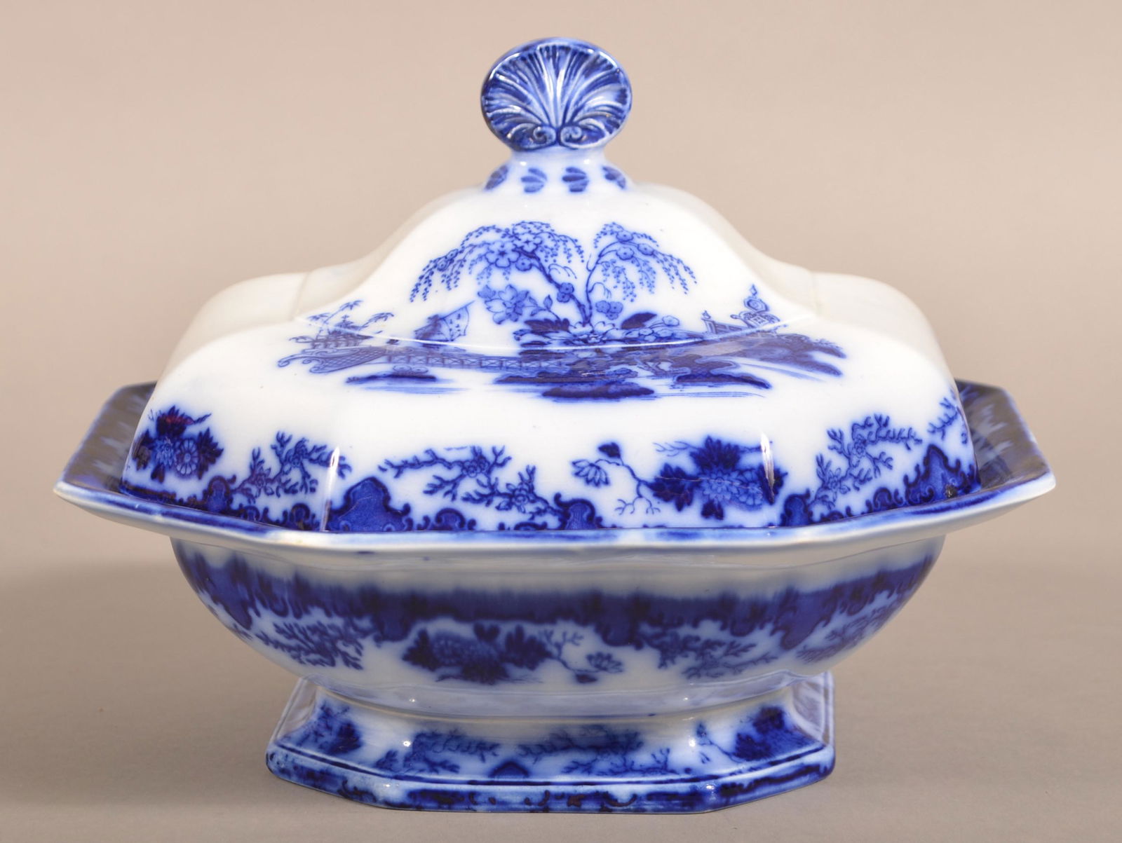 Flow Blue China "Scinde" Covered Vegetable Dish. (1 of 4)