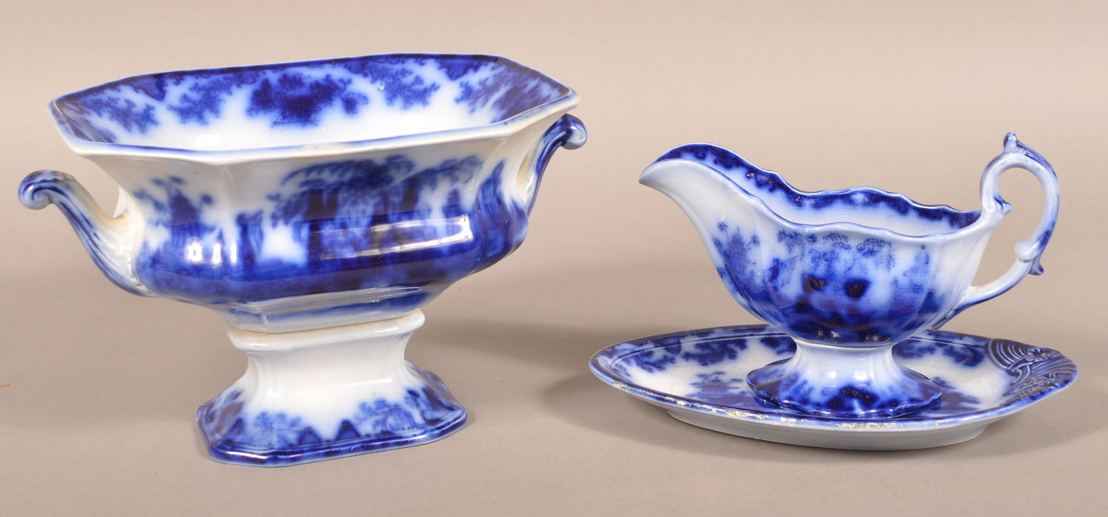 Flow Blue China "Scinde" Fruit Compote & Gravy Boat. (1 of 6)