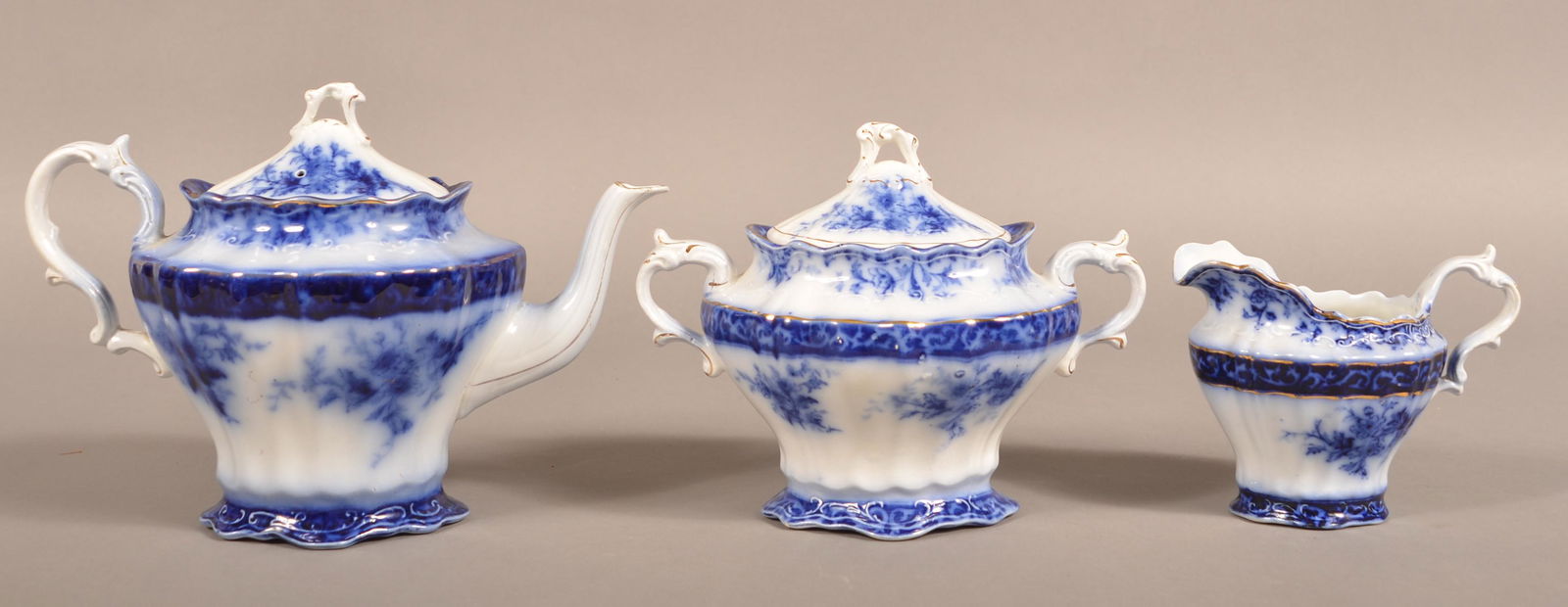 Flow Blue China "Touraine" Three Piece Tea Service. (1 of 3)