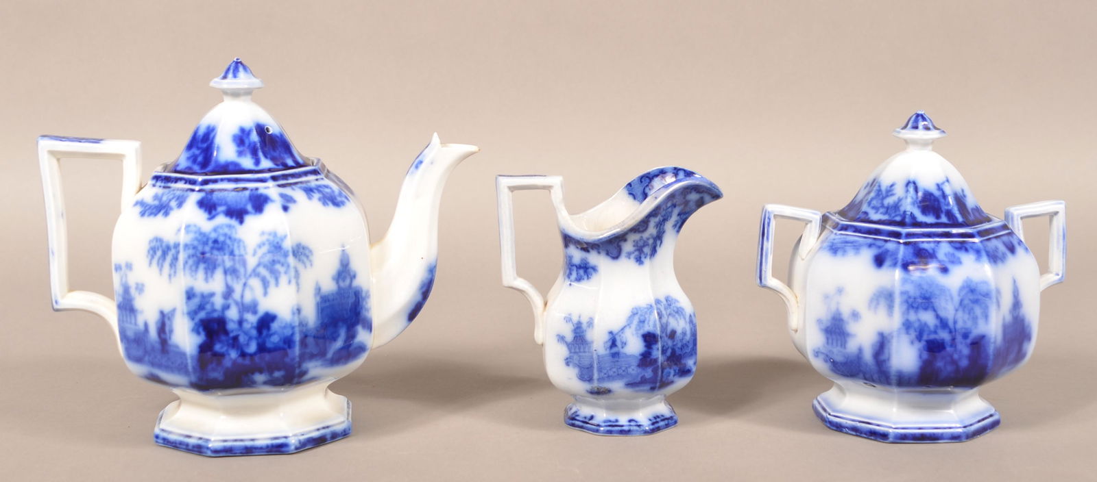 Flow Blue China "Scinde" Three Piece Tea Service. (1 of 5)