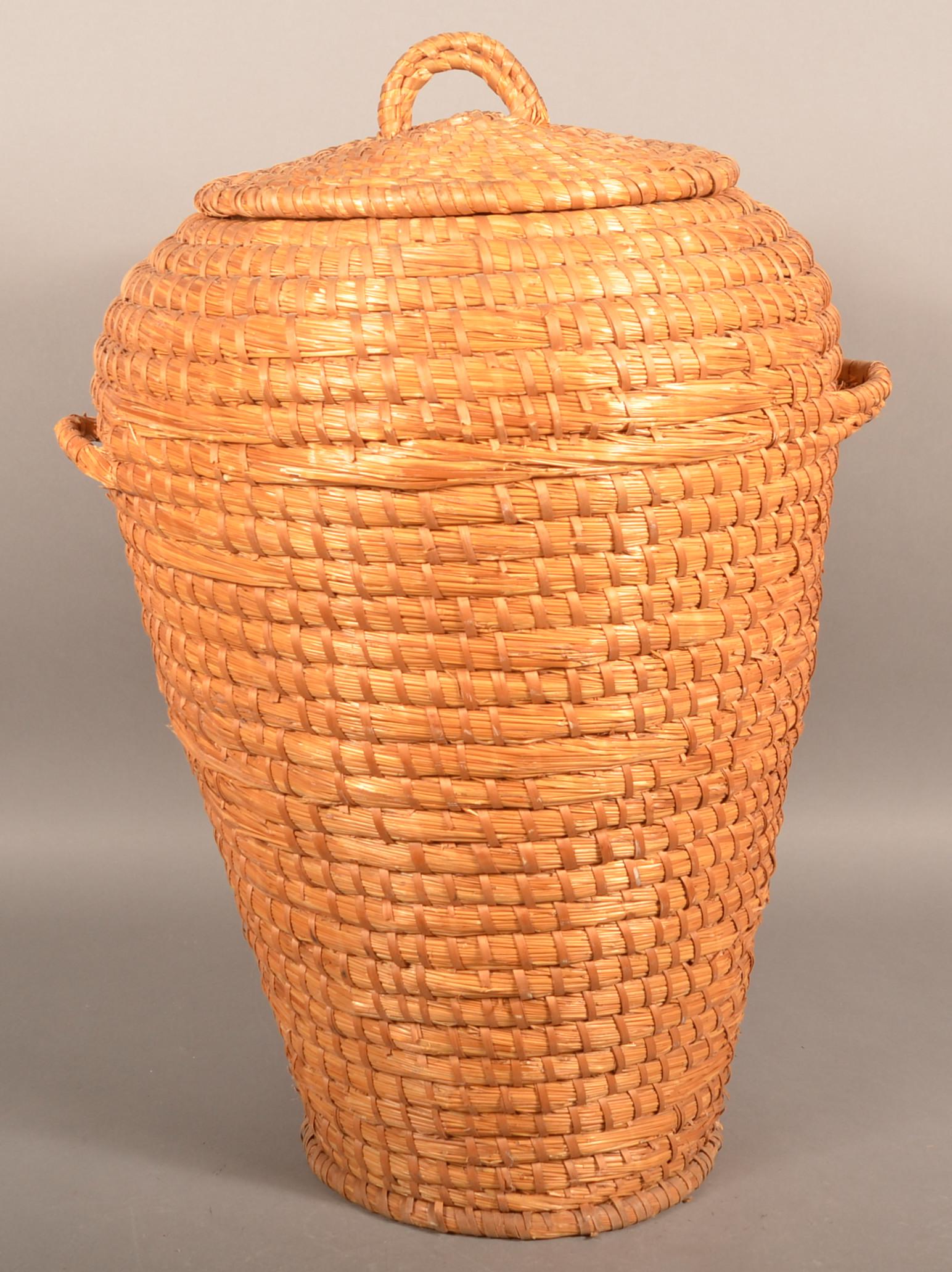 Antique Rye Straw Coil Covered Olla Basket. (1 of 2)