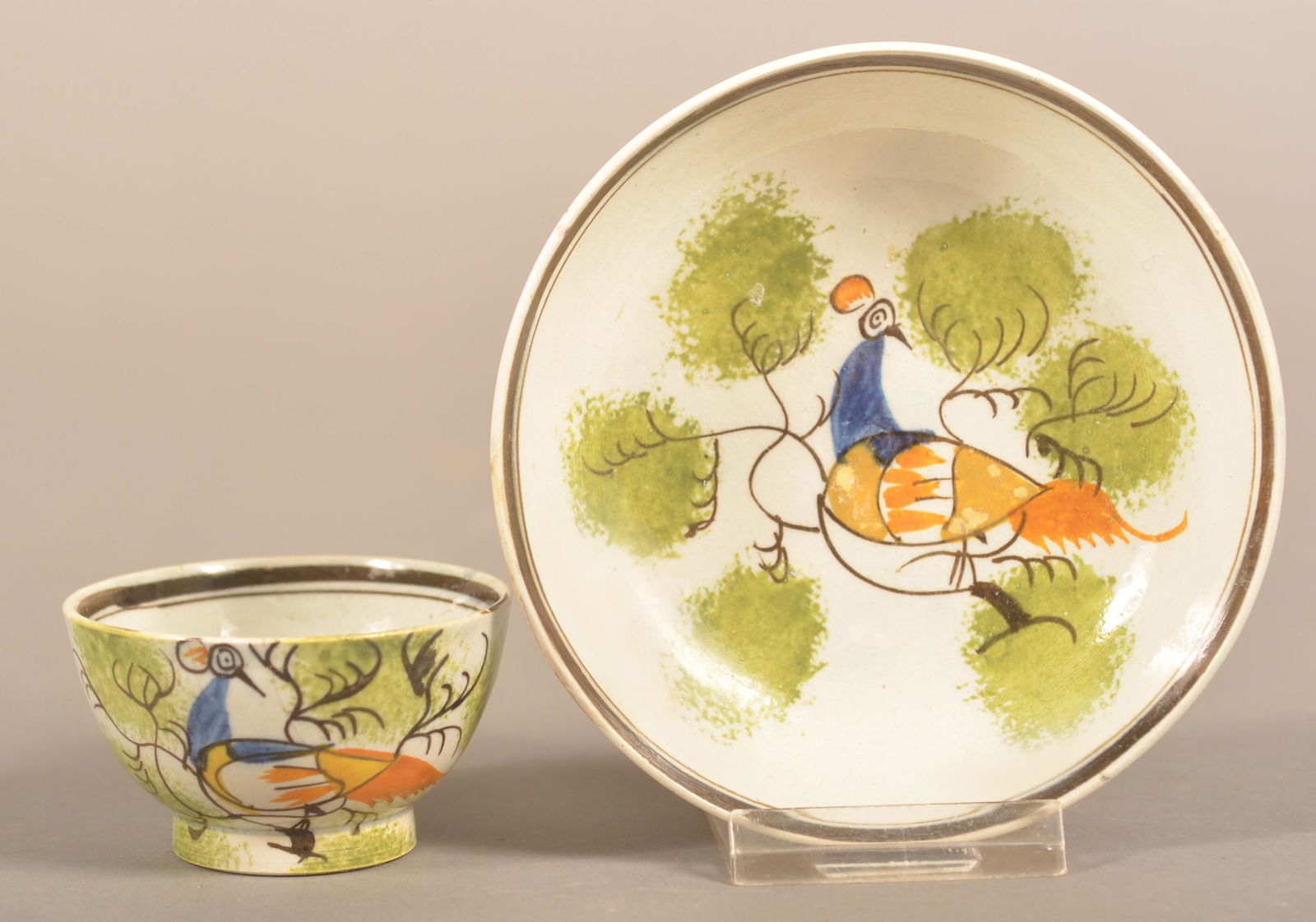 Leeds Soft Paste Peafowl Miniature Cup and Saucer. (1 of 5)