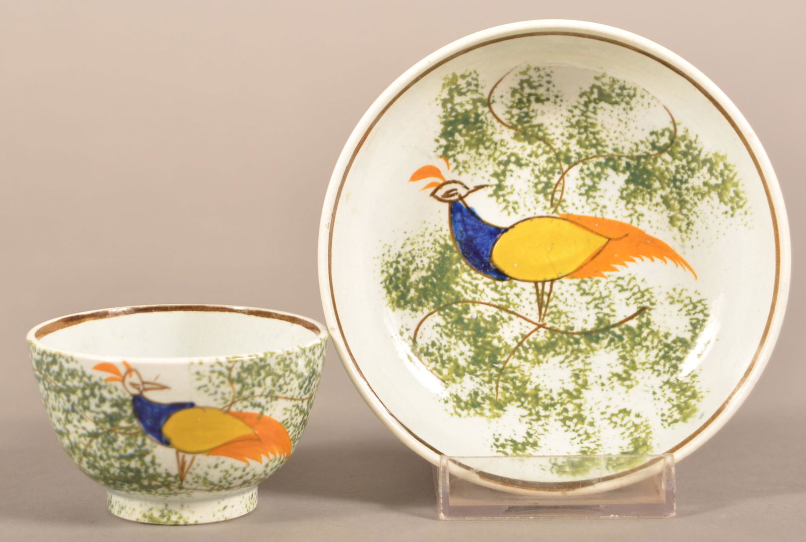 Leeds Soft Paste China Peafowl Child's Cup and Saucer. (1 of 5)