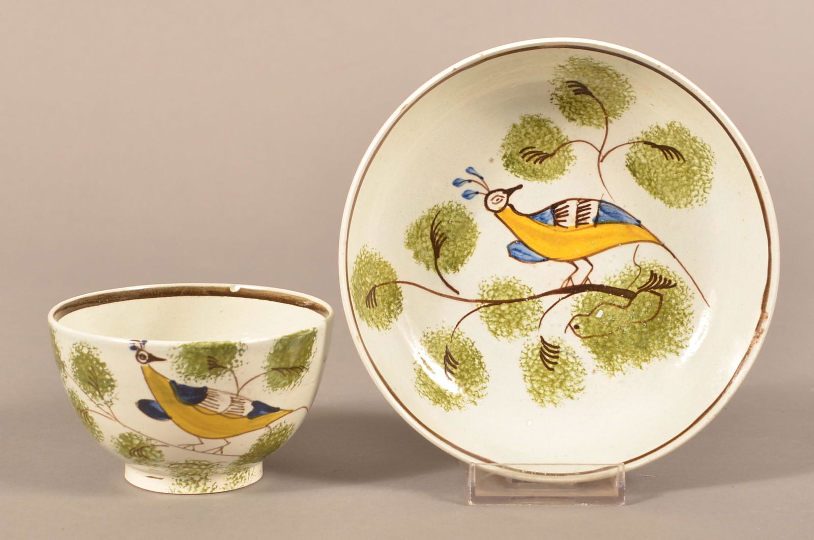 Leeds Soft Paste China Peahen Cup and Saucer. (1 of 4)