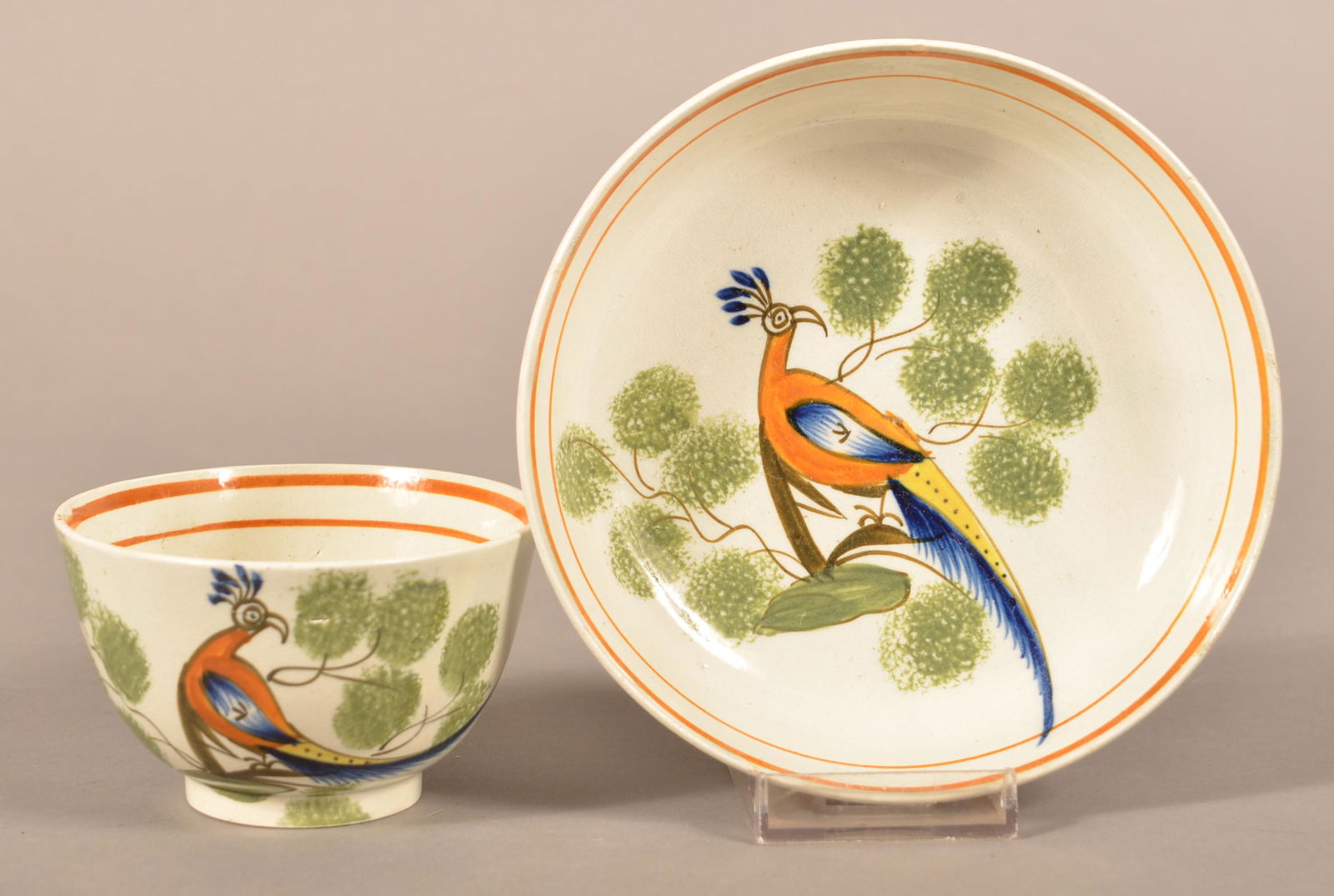 Leeds Soft Paste China Peafowl Cup and Saucer. (1 of 4)