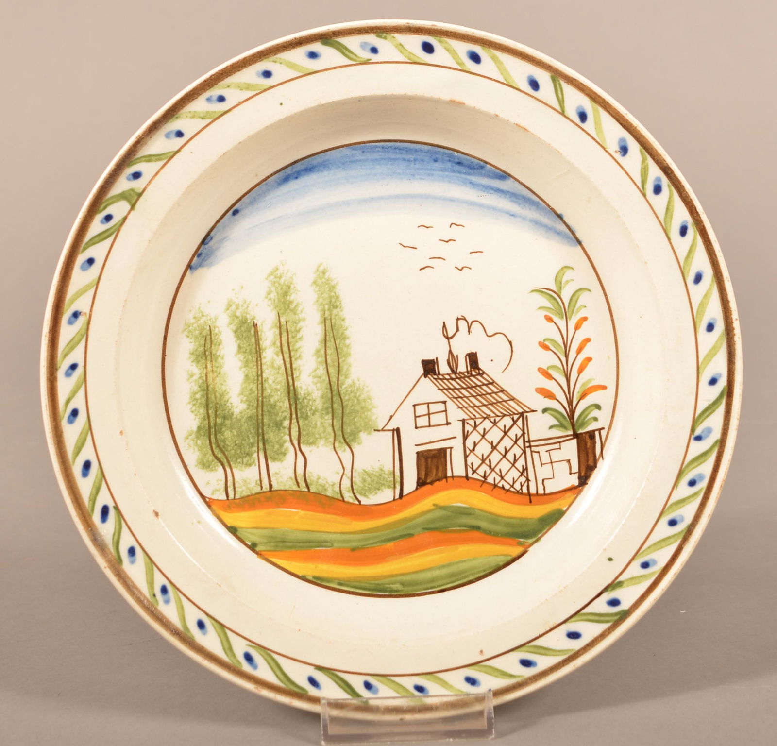 Leeds Soft Paste China Cottage Pattern Plate. (1 of 4)