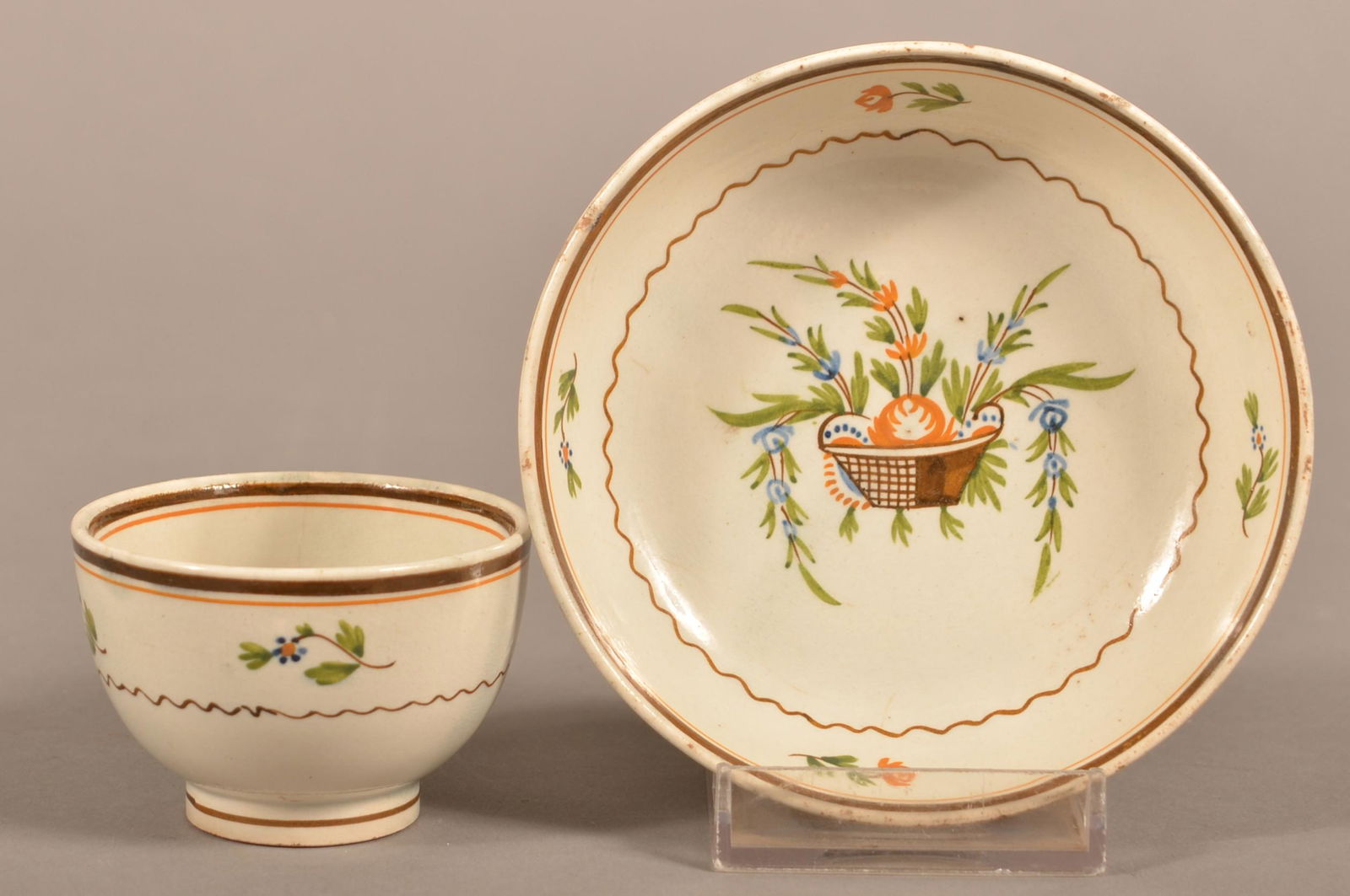 Leeds Soft Paste China Basket of Flowers Cup & Saucer. (1 of 5)